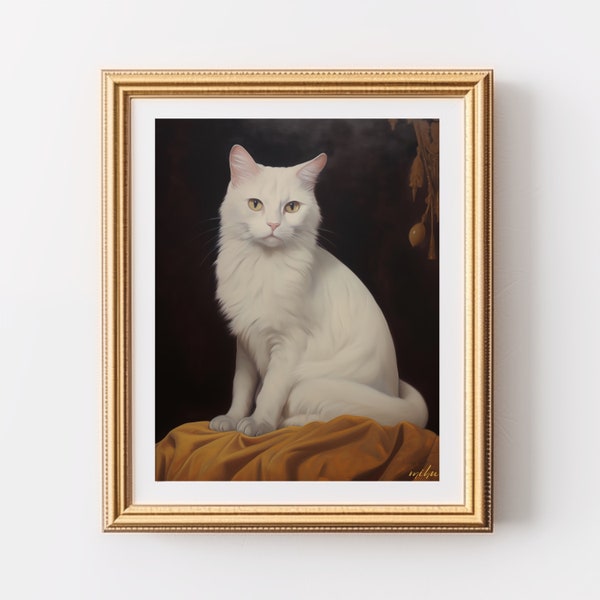 White cat Wall Art, Vintage Wall Art, Muted Neutral Colors, Wall Decor, animal portrait, cat giclee print, cat mom, cat lover gifts | 0268