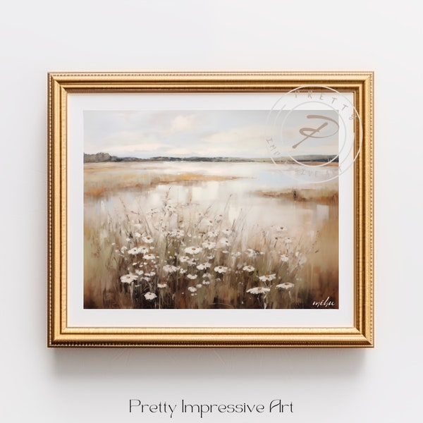 Wildflower Field, Landscape Oil Painting, Vintage Farm House, Country Field, coast view, romantic riverscape, Frame TV art Vintage | 0309