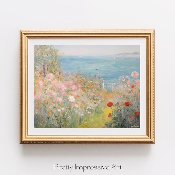 Vintage French Country, Cottage Landscape, Flower Garden Painting, Coastal Seascape, Soft Colors, Harbor View, Frame Tv Art Vintage | 0651