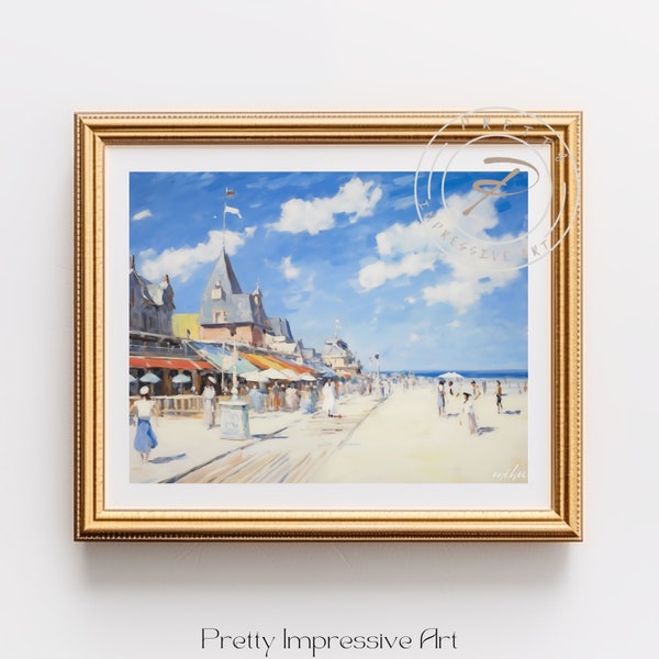 Monet World - Trouville, Broadwalk sur la plage, paysage marin, été, claude monet, affiche d'exposition, art mural monet, décoration de maison de plage | 1120