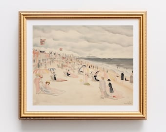 Muted beach print, muted seascape print, muted beach art, SAMSUNG frame tv art, antique painting, beach house decor, neutral art | 0158