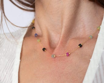 Colorful Beaded Necklace, Minimalist Gold Chain with Gemstones, Dainty Everyday Jewelry, Gift for Her