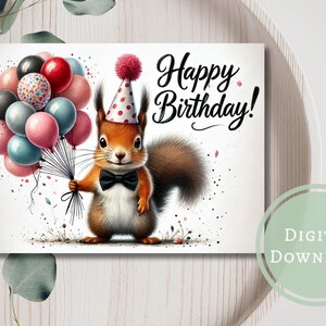 Linda tarjeta de cumpleaños de ardilla, adorable saludo imprimible digital para descargar, regalo para amantes de los animales