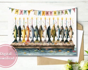 Fishing Birthday Card: Watercolor Fish, Angler Gift (Digital Download)