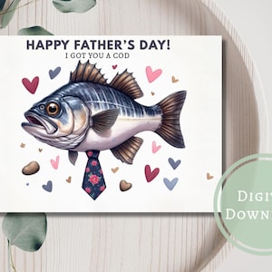 Tarjeta divertida del Día del Padre con un bacalao, imprimible, descarga digital, saludo, regalo para papá/para pescador