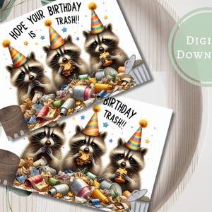 Cartão de aniversário engraçado de lixo de guaxinim para impressão digital para download, presente de saudação para amantes de animais