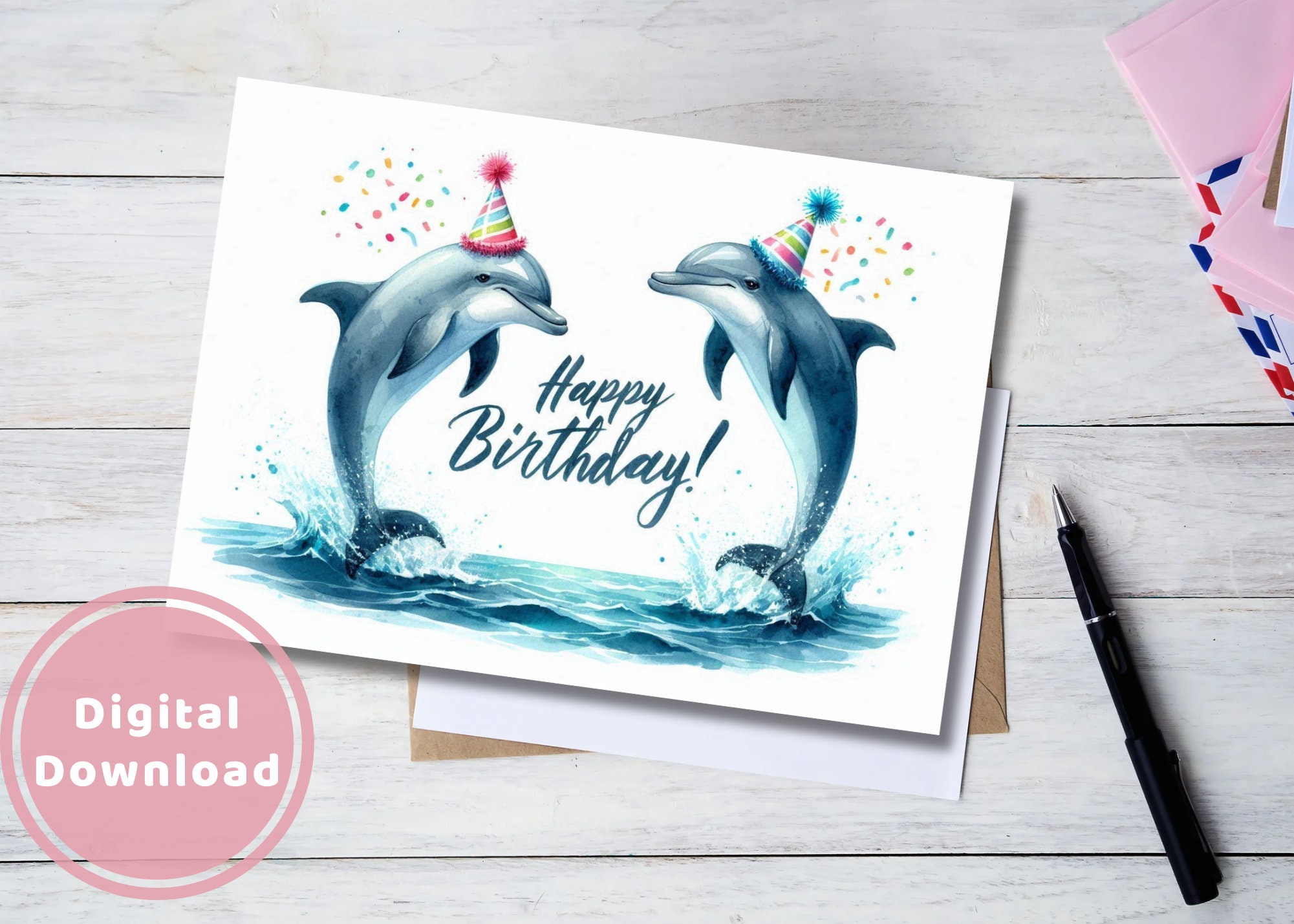 Dolphin Birthday Card Printable Digital Download Greeting Gift for ...