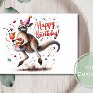 Tarjeta de cumpleaños de canguro, divertida, imprimible, descarga digital, regalo de felicitación para amantes de los animales.