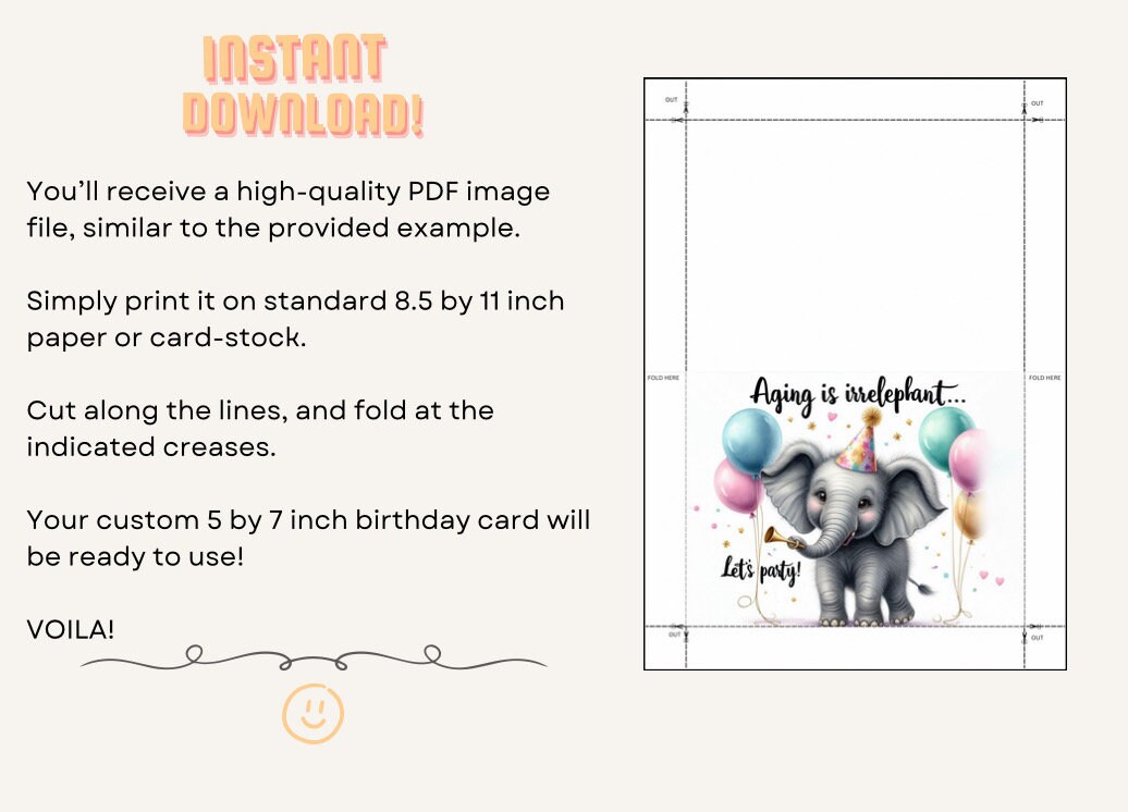 Funny Elephant Birthday Card Printable Greeting Gift for Animal Lovers ...