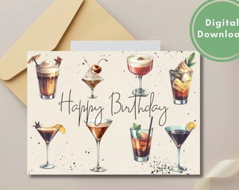 Trendy Cocktail Birthday Card Printable Digital Download Greeting Cards, Gift Idea For Her