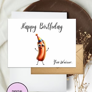 Grappige hotdogverjaardagskaart afdrukbare digitale download wenskaart cadeau voor hem