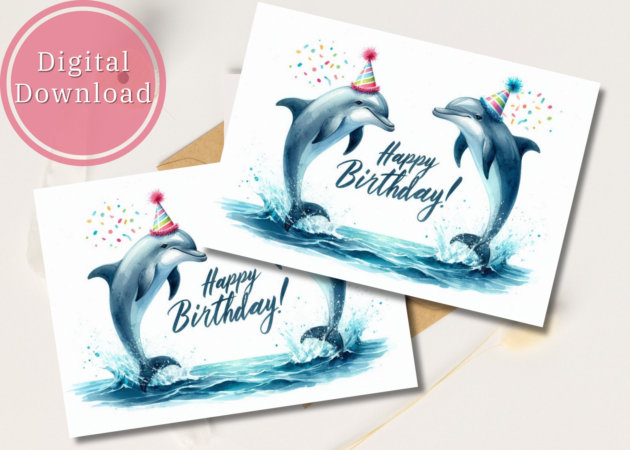 Dolphin Birthday Card Printable Digital Download Greeting Gift for ...