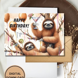 Cartão de aniversário engraçado de preguiça para impressão digital para download, presente de saudação para amantes de animais