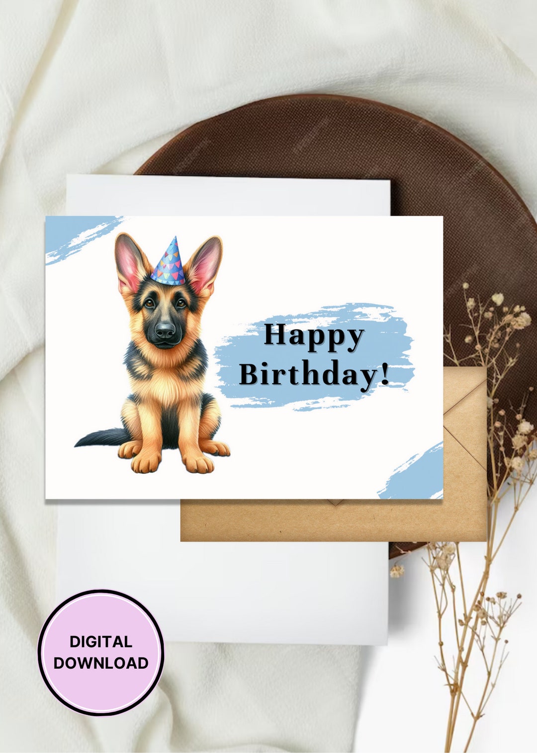 German Shepherd Birthday Card - 5x7 Dog Note Card For Kids & Animal Lovers