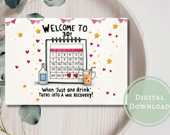 Funny 30th Birthday Card: Playful Calendar Design (Digital Download)
