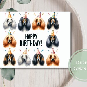Mignonne carte d'anniversaire lévrier afghan imprimable en téléchargement numérique, cadeau de voeux pour les amoureux des chiens