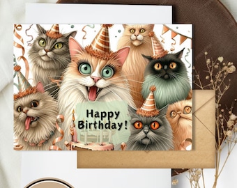Tarjeta de cumpleaños divertida, imprimible, descarga digital, regalo de felicitación para amantes de los gatos.