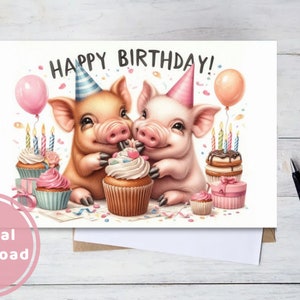 Tarjeta de cumpleaños de cerdo linda, imprimible, descarga digital, saludo, regalo para amantes de los animales
