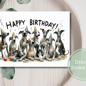 Adorable carte d'anniversaire lévrier imprimable en téléchargement numérique, cadeau de voeux pour les amoureux des chiens