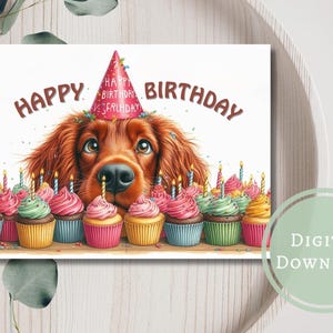 Biglietto di auguri di compleanno per setter irlandese, carino, stampabile, digitale, da scaricare, regalo per gli amanti dei cani