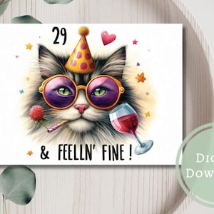 29e verjaardagskaart grappige afdrukbare digitale download wenskaart cadeau voor kattenliefhebbers