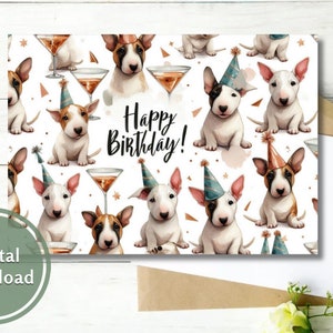 Verjaardagskaart Bull Terrier Leuke afdrukbare digitale download wenskaart voor hondenliefhebbers
