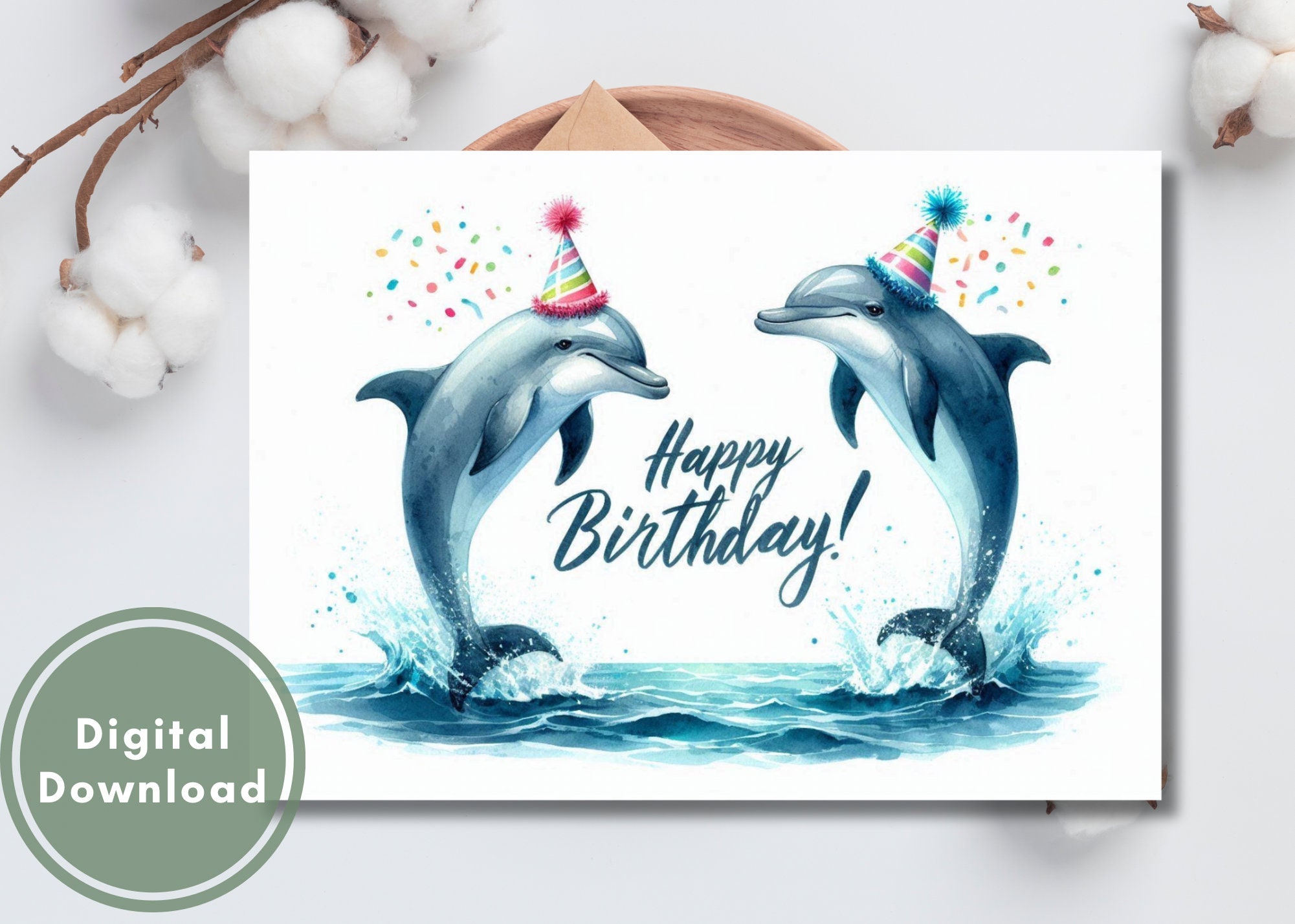 Dolphin Birthday Card Printable Digital Download Greeting Gift for ...