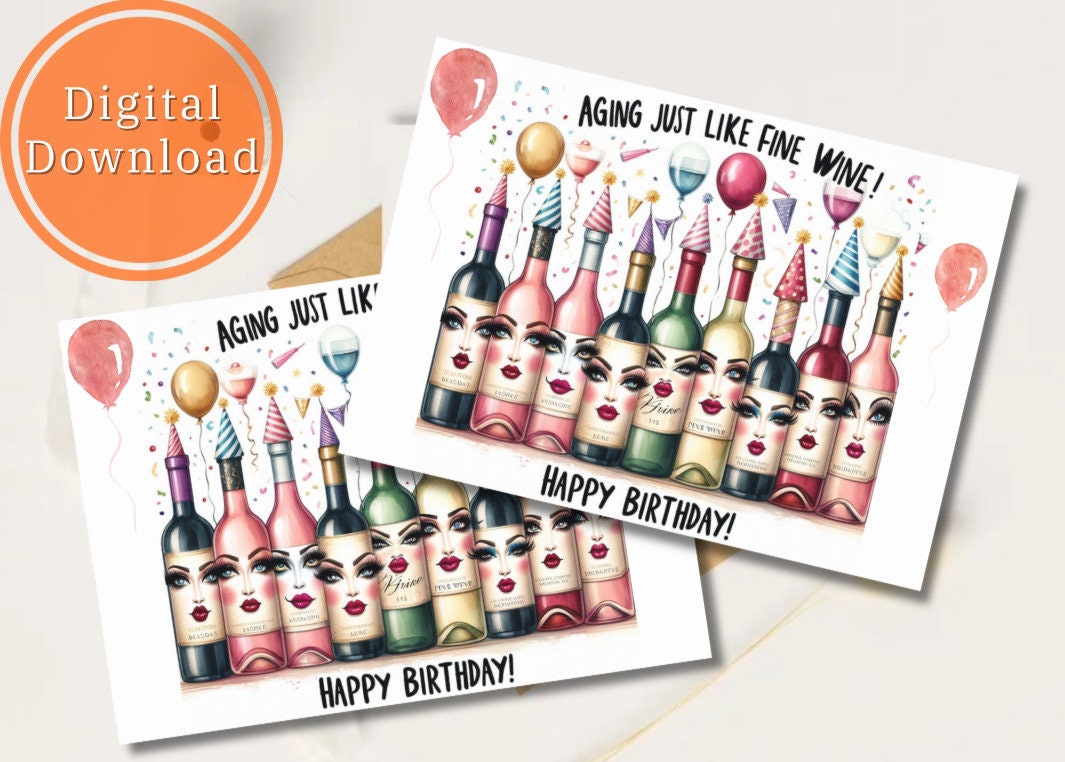 Funny Wine Birthday Card Printable Digital Download Greeting Gift for ...