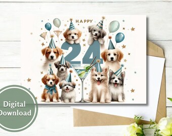 24e verjaardagskaart schattig afdrukbare digitale download groet cadeau voor hondenliefhebbers