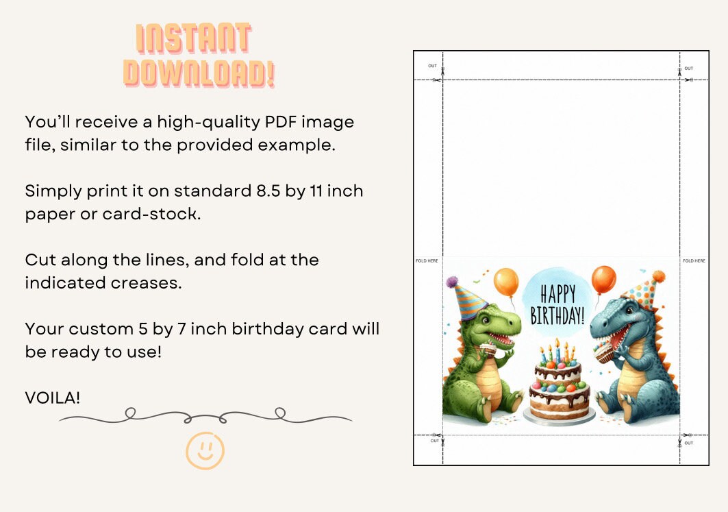 Dinosaur Birthday Card Printable Digital Download Greeting Gift for ...
