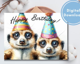 Verjaardagskaart stokstaartje: grappige dierenwaterverf (digitale download)