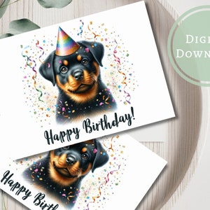 Carte d'anniversaire Rottweiler, mignon cadeau de voeux imprimable en téléchargement numérique pour les amoureux des chiens