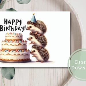 Adorable carte d'anniversaire hérisson imprimable en téléchargement numérique, cadeau de voeux pour les amoureux des animaux