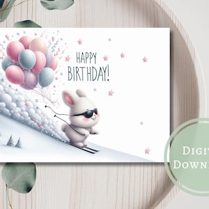 Cartão de aniversário divertido de coelho esquiador para impressão digital para download, presente de saudação para amantes de animais