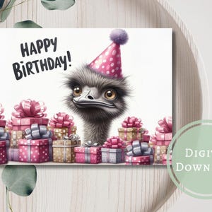 Cartão de aniversário engraçado de avestruz para impressão digital para download, presente de saudação para amantes de animais