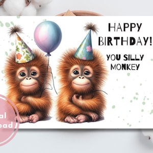 Cute Monkey Birthday Card Printable Digital Download Greeting Gift for Animal Lovers