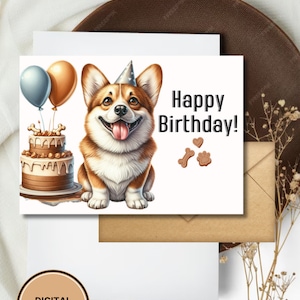 Jolie carte d'anniversaire Corgi imprimable en téléchargement numérique, cadeau de voeux pour les amoureux des chiens
