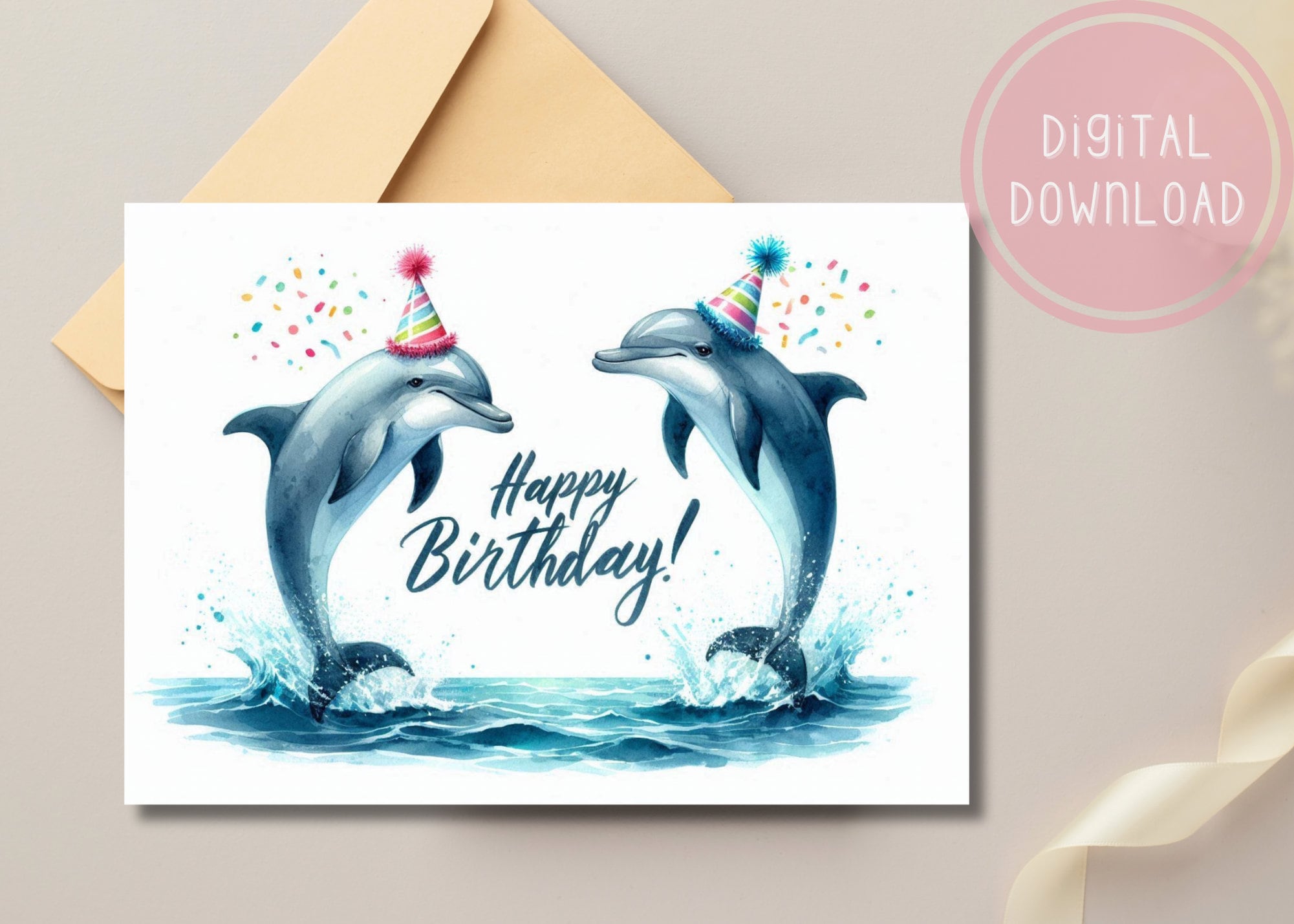 Dolphin Birthday Card Printable Digital Download Greeting Gift for ...