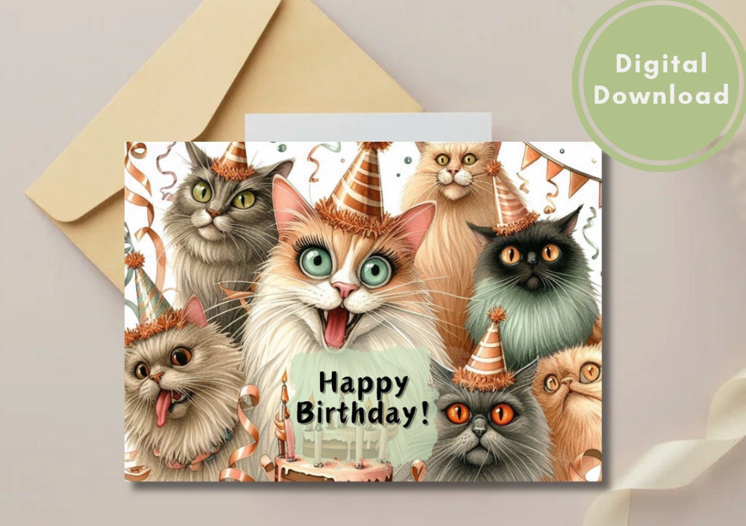 Funny Birthday Card Printable Digital Download Greeting Gift for Cat ...