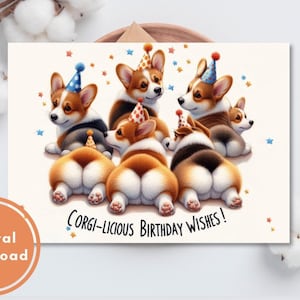 Jolie carte d'anniversaire Corgi imprimable en téléchargement numérique, cadeau de voeux pour les amoureux des chiens