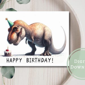 Cartão de aniversário divertido T-Rex para impressão digital, download, presente de saudação para crianças
