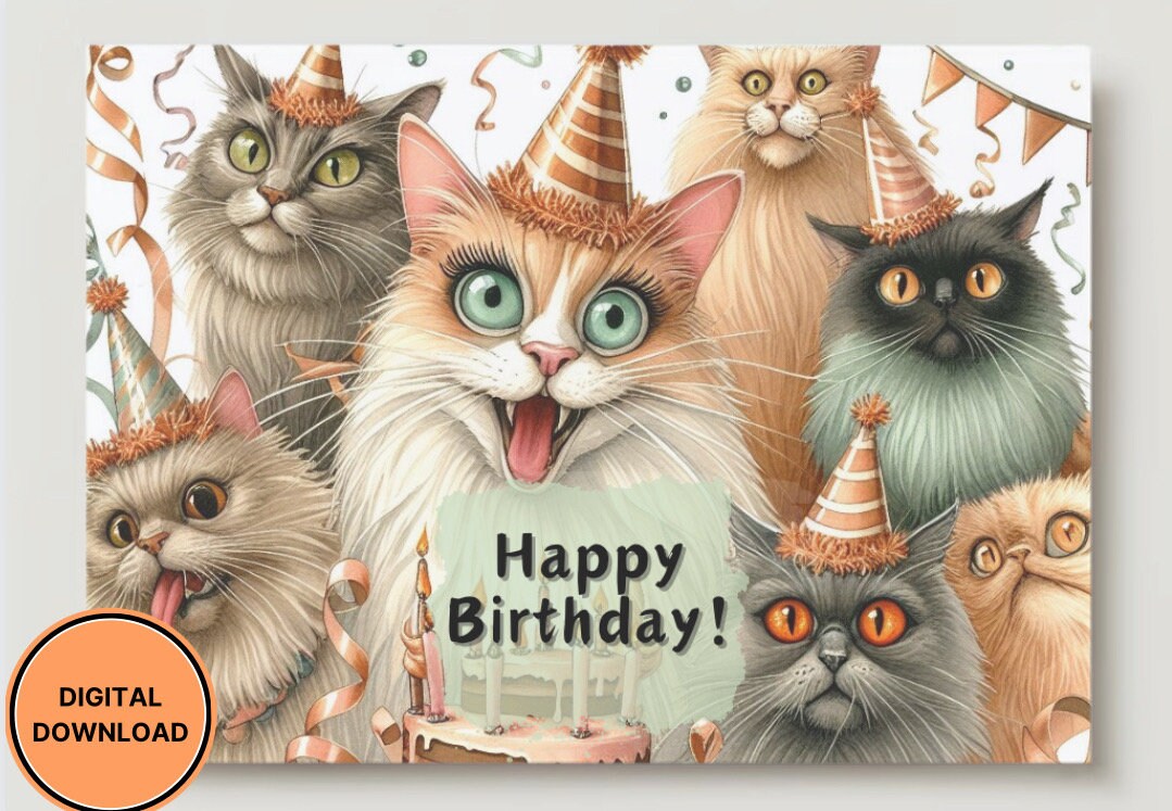 Funny Birthday Card Printable Digital Download Greeting Gift for Cat ...