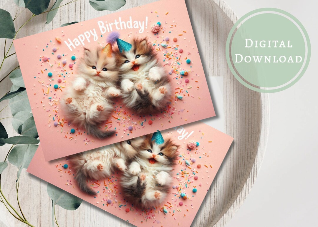 Cute Kitten Birthday Card Printable Digital Download Greeting Gift for ...