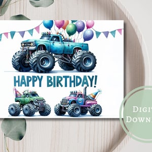 Cartão de aniversário de caminhão monstro legal, divertido, impressão digital, download, presente de saudação para crianças