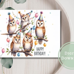 Carte d'anniversaire hibou, carte de voeux imprimable en téléchargement numérique pour les amoureux des animaux / les amateurs d'oiseaux