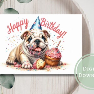 Jolie carte d'anniversaire bouledogue imprimable en téléchargement numérique, cadeau de voeux pour les amoureux des chiens