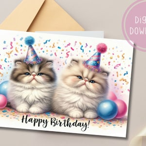 Carte d'anniversaire de chat mignon, cadeau de voeux pour chaton en téléchargement numérique imprimable pour elle