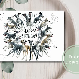 Carte d'anniversaire lévrier drôle, mignon cadeau de voeux imprimable en téléchargement numérique pour les amoureux des chiens