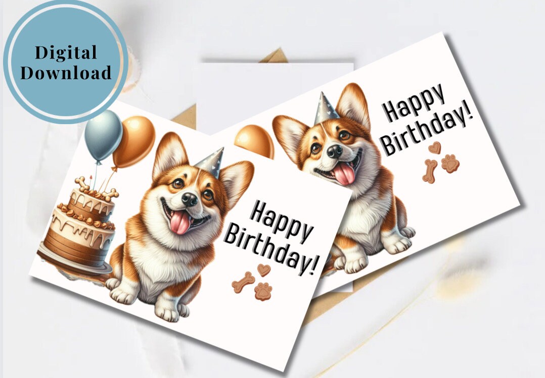 Corgi Birthday Card Cute Printable Digital Download Greeting Gift for ...