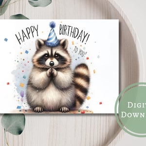 Jolie carte d'anniversaire raton laveur imprimable en téléchargement numérique, cadeau de voeux pour les amoureux des animaux